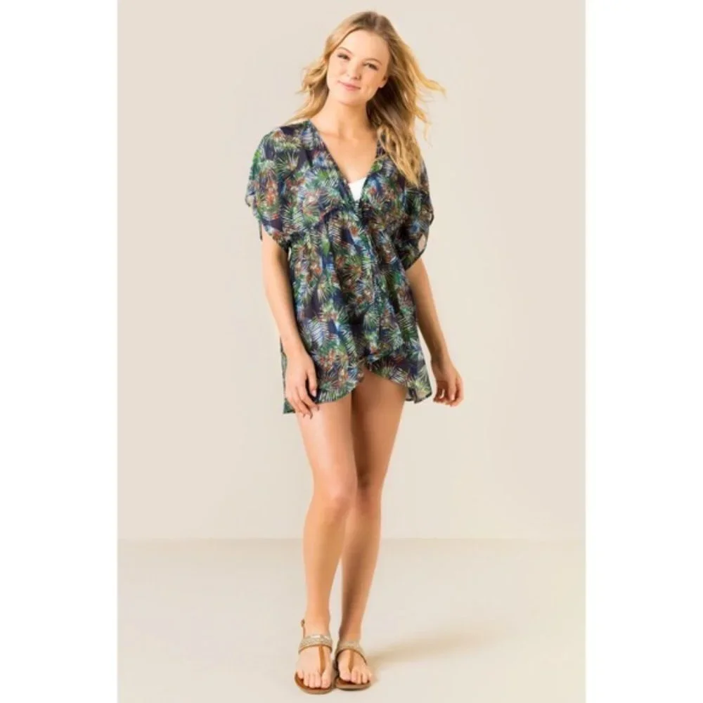 SWIM Maui Palms Kimono Tie-Front Swim Cover-Up Francesca's | Swimsuit Be… - Picture 3 of 6
